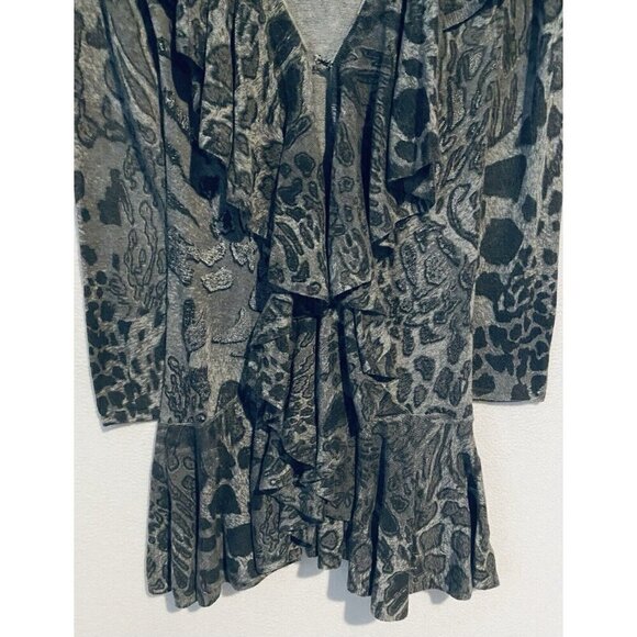 Alberto Makali Cardigan Sweater Womens Medium Gray Animal Print Ruffle Wool Boho - Picture 3 of 7